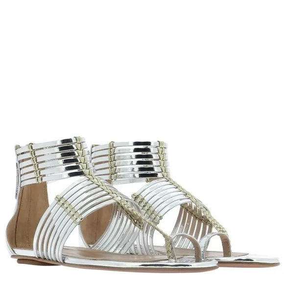 Aquazzura Leather Ravello Key Ring Silver Tone Gladiator Sandals, 37.5 (U.S. 7)