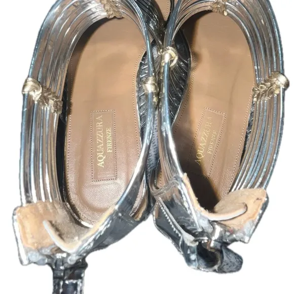 Aquazzura Leather Ravello Key Ring Silver Tone Gladiator Sandals, 37.5 (U.S. 7)
