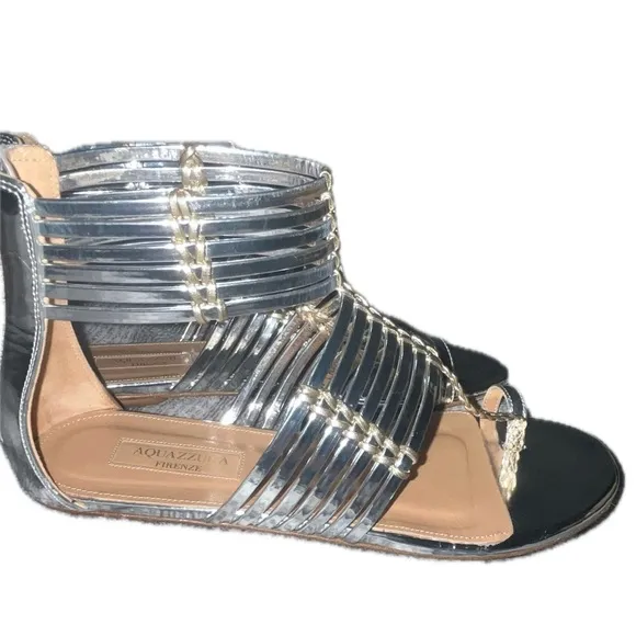 Aquazzura Leather Ravello Key Ring Silver Tone Gladiator Sandals, 37.5 (U.S. 7)