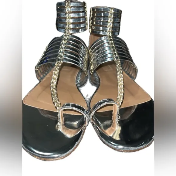 Aquazzura Leather Ravello Key Ring Silver Tone Gladiator Sandals, 37.5 (U.S. 7)