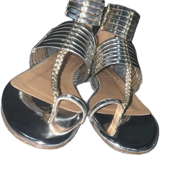 Aquazzura Leather Ravello Key Ring Silver Tone Gladiator Sandals, 37.5 (U.S. 7)