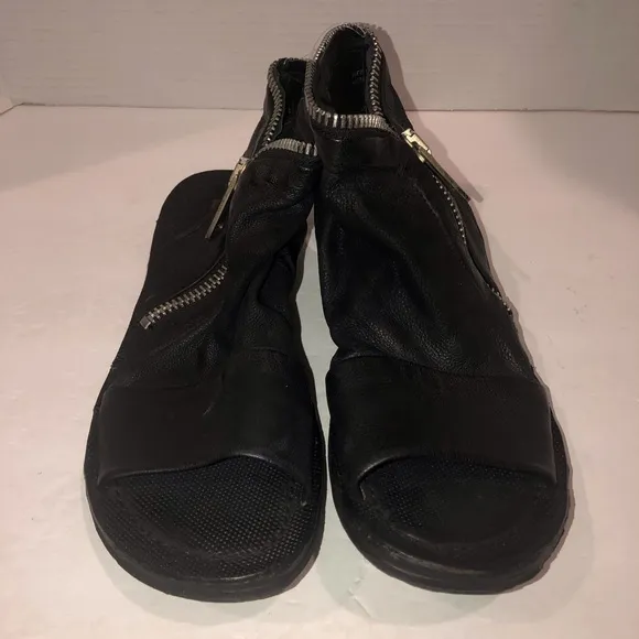 A.S.98 Black Leather Ritchie Zipper Flats Open Toe Ankle Boots Shoes sz 8/38