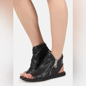 A.S.98 Black Leather Ritchie Zipper Flats Open Toe Ankle Boots Shoes sz 8/38