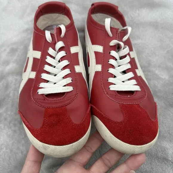Asics Onitsuka Tiger Mens Sz 9.5 Shoes México 66 Leather Birch Cream Red THL202