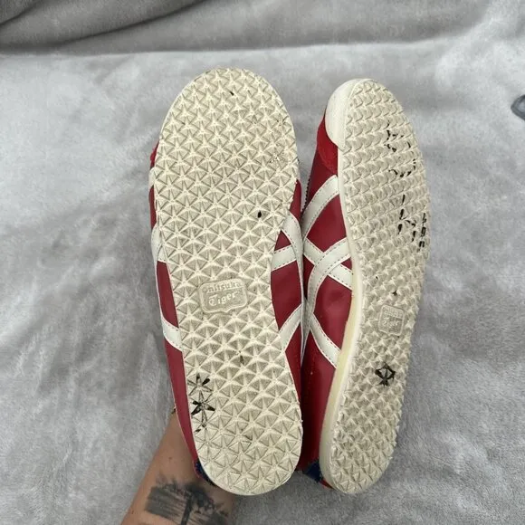 Asics Onitsuka Tiger Mens Sz 9.5 Shoes México 66 Leather Birch Cream Red THL202