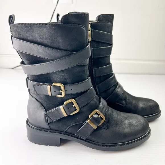Azura Boots womens 6 Black Calmon Engineer Boot Buckles Micro Suede