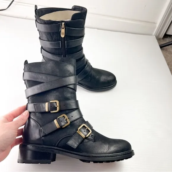 Azura Boots womens 6 Black Calmon Engineer Boot Buckles Micro Suede