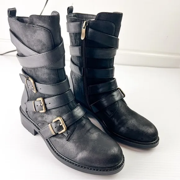 Azura Boots womens 6 Black Calmon Engineer Boot Buckles Micro Suede