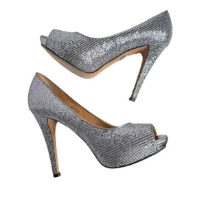 Badgley Mischka Silver Metallic Peep-Toe Platform Heels Size 8 Evening Shoes