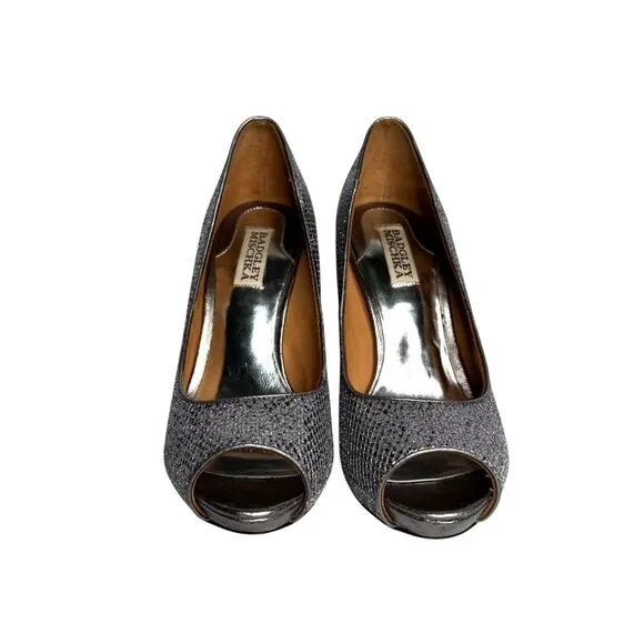 Badgley Mischka Silver Metallic Peep-Toe Platform Heels Size 8 Evening Shoes