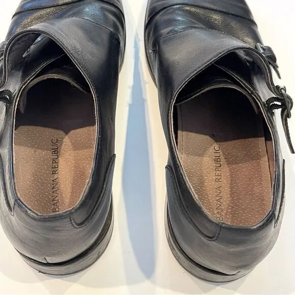 Banana Republic Mens 10.5 Black Leather Medallion Cap Toe Monk Strap Oxford Shoe