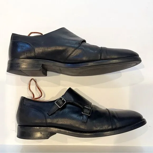 Banana Republic Mens 10.5 Black Leather Medallion Cap Toe Monk Strap Oxford Shoe