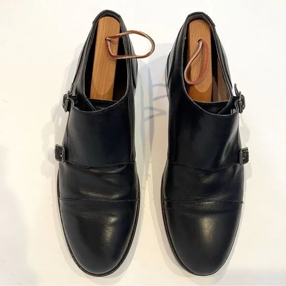 Banana Republic Mens 10.5 Black Leather Medallion Cap Toe Monk Strap Oxford Shoe
