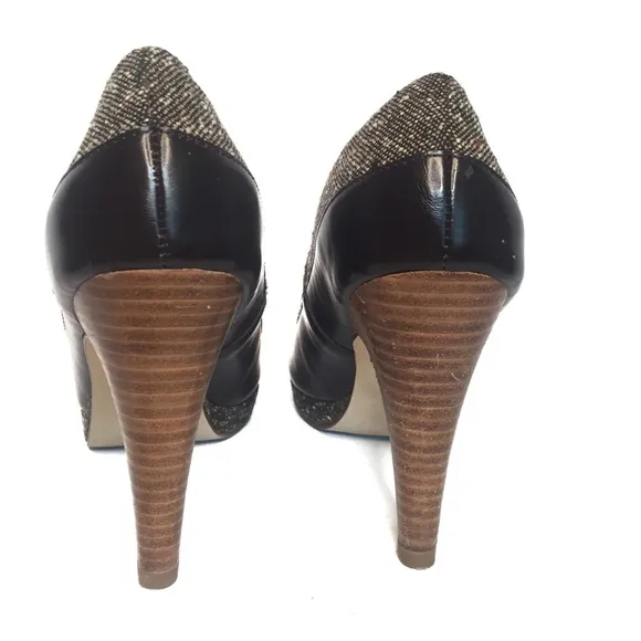 BANANA REPUBLIC Shoes Leather Textile 4&quot; Stack Heel 1/2&quot; Platform Brown Size 6