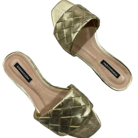 BCBG Max Azria Gold Remi Leather Woven Slide Sandals W 7.5 Preppy Beachy Coastal
