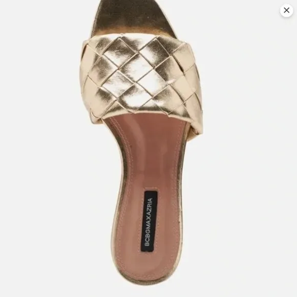 BCBG Max Azria Gold Remi Leather Woven Slide Sandals W 7.5 Preppy Beachy Coastal