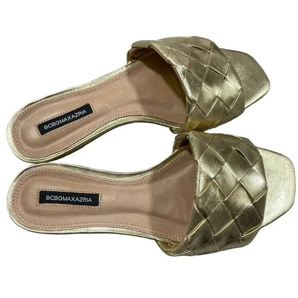BCBG Max Azria Gold Remi Leather Woven Slide Sandals W 7.5 Preppy Beachy Coastal