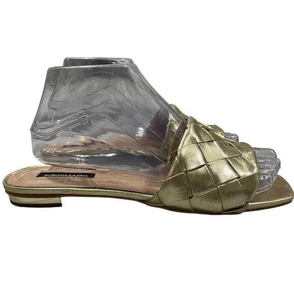 BCBG Max Azria Gold Remi Leather Woven Slide Sandals W 7.5 Preppy Beachy Coastal