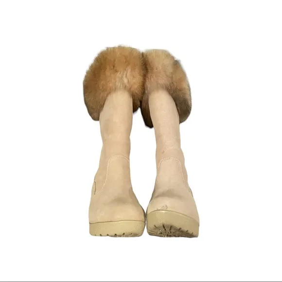 BEARPAW MELROSE Real FOXFUR Suede Sheepskin Wedge BootsTan Size 7