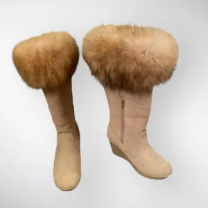 BEARPAW MELROSE Real FOXFUR Suede Sheepskin Wedge BootsTan Size 7
