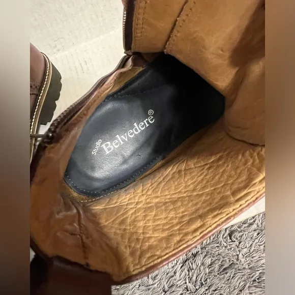 Belvedere Leather Shoes Ankle Boots Brown Cliff Zipper Combat