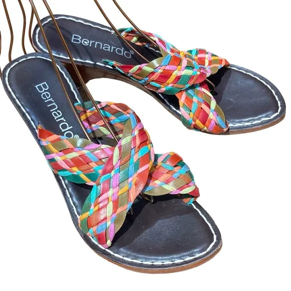 Bernardo slides size 9 braided leather retro knotted multi-color 70's madras