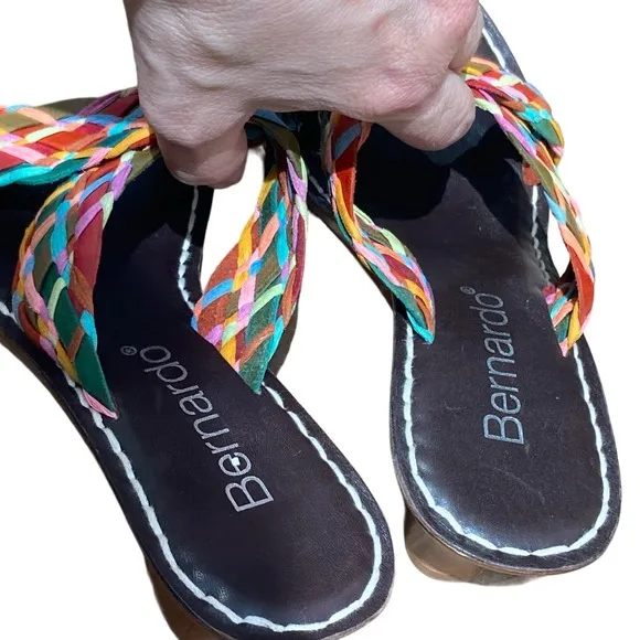 Bernardo slides size 9 braided leather retro knotted multi-color 70's madras