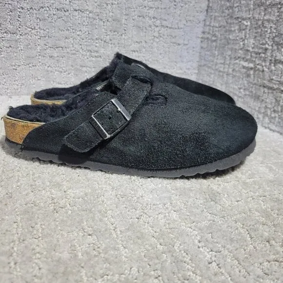 Birkenstock Boston Shearling Size 39 L8 M6 N US Black Suede Slip On Clog Shoes