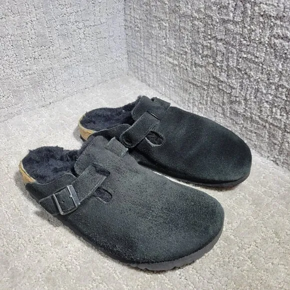 Birkenstock Boston Shearling Size 39 L8 M6 N US Black Suede Slip On Clog Shoes