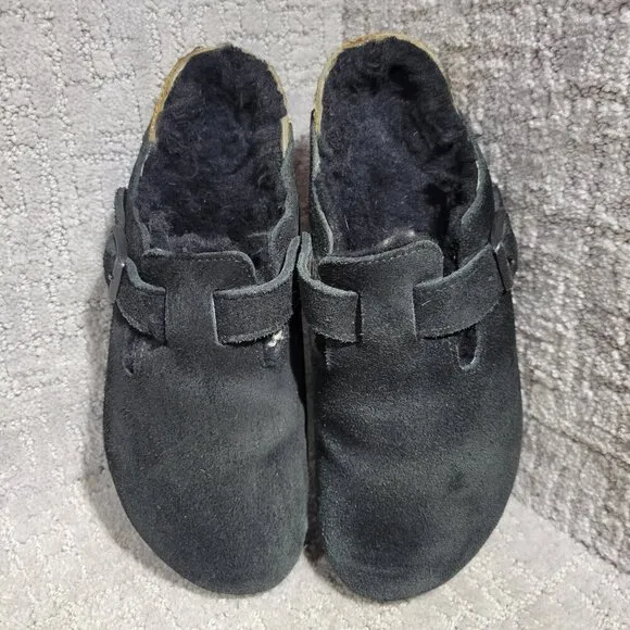 Birkenstock Boston Shearling Size 39 L8 M6 N US Black Suede Slip On Clog Shoes