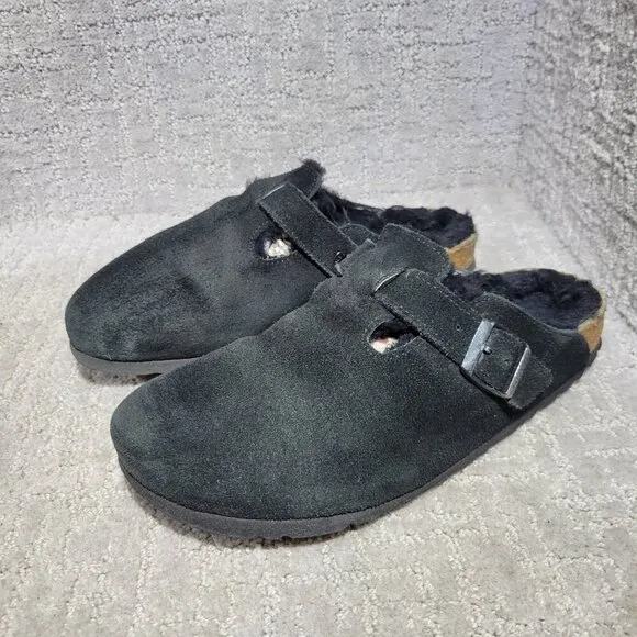 Birkenstock Boston Shearling Size 39 L8 M6 N US Black Suede Slip On Clog Shoes