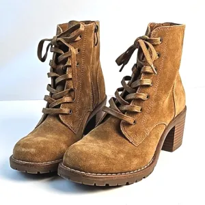 Bjorndal Sasha Suede Leather Camel Tan Lace-up Side Zip Block Heel Ankle Boot
