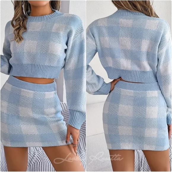 Black Plaid Top and Skirt Sweater Set
