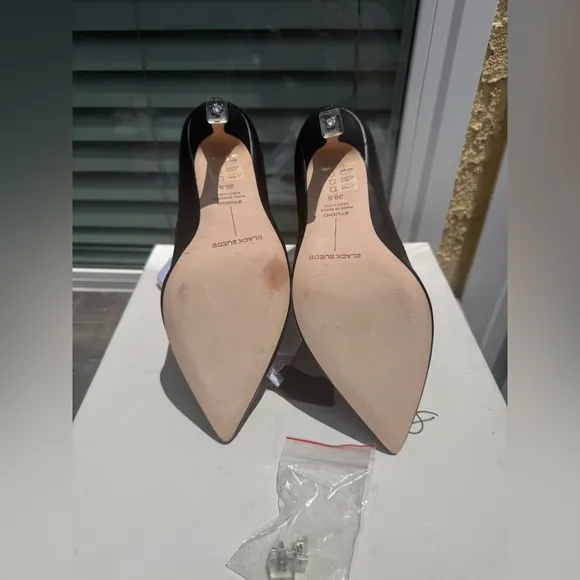 Black Suede Studio Jennifer Bootie Black Leather Heels Size 38.5