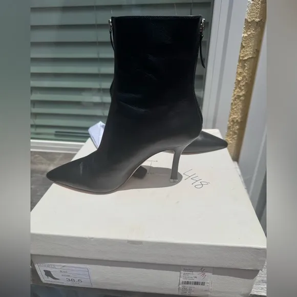 Black Suede Studio Jennifer Bootie Black Leather Heels Size 38.5