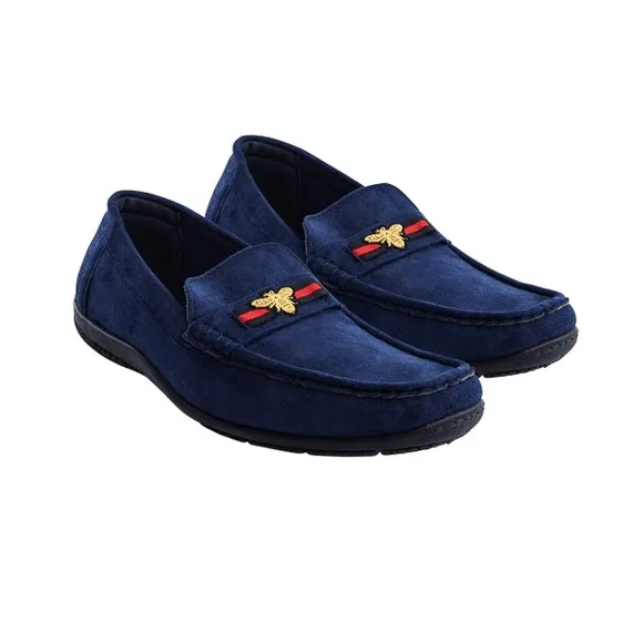 Blue and Gold Slip-On Loafers with Suede Finish