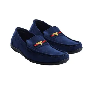 Blue and Gold Slip-On Loafers with Suede Finish