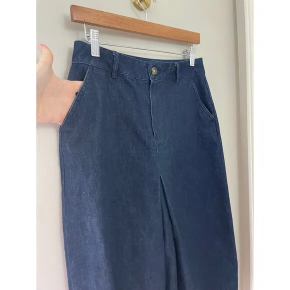 Boden Classic Preppy Fall Dark Wash Denim Pleat Front Midi Jean Skirt 6R