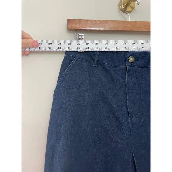 Boden Classic Preppy Fall Dark Wash Denim Pleat Front Midi Jean Skirt 6R