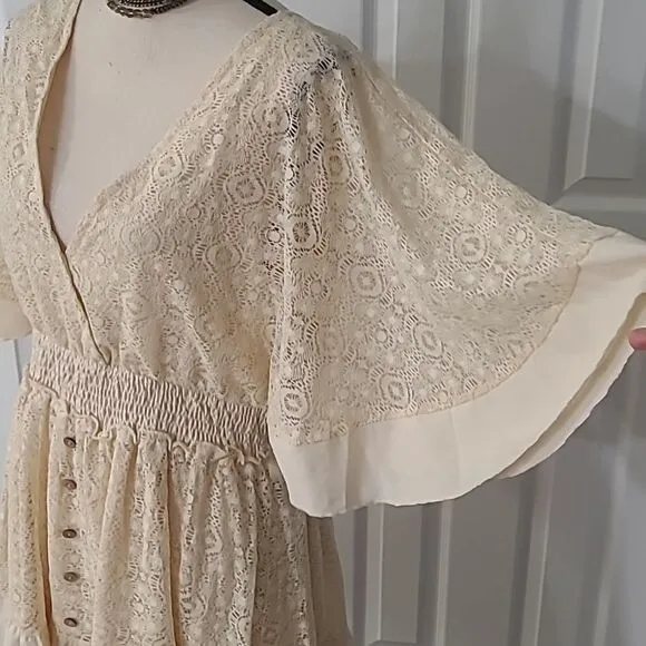 Boho Romantic Lace Overlay Angel Sleeve Mini Dress Lt Blue sz XL