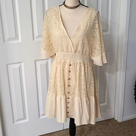 Boho Romantic Lace Overlay Angel Sleeve Mini Dress Lt Blue sz XL
