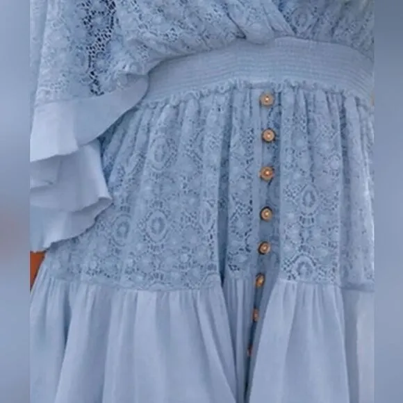 Boho Romantic Lace Overlay Angel Sleeve Mini Dress Lt Blue sz XL
