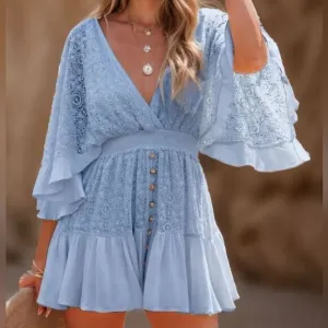 Boho Romantic Lace Overlay Angel Sleeve Mini Dress Lt Blue sz XL