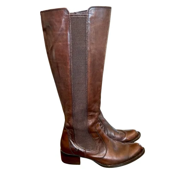 Born Brown Leather Boots with Block Heel 7.5 size stretch calf excellent condit