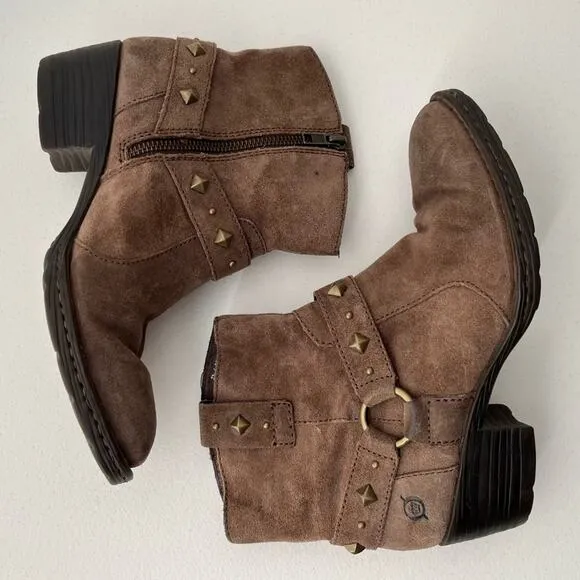 Born Laila Marmotta Studded Western Harness Suede Boots Zip-Up Taupe Size 7.5