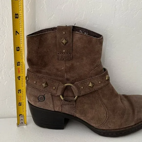 Born Laila Marmotta Studded Western Harness Suede Boots Zip-Up Taupe Size 7.5