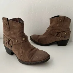 Born Laila Marmotta Studded Western Harness Suede Boots Zip-Up Taupe Size 7.5
