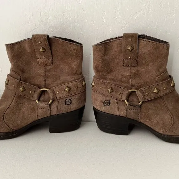 Born Laila Marmotta Studded Western Harness Suede Boots Zip-Up Taupe Size 7.5