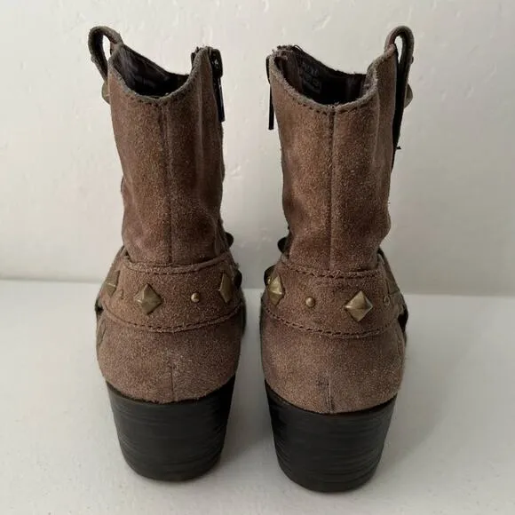 Born Laila Marmotta Studded Western Harness Suede Boots Zip-Up Taupe Size 7.5