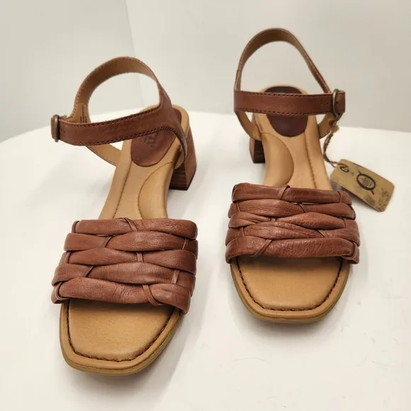 Born sandals women's 9M brown woven leather Shonie block heel cottage new $130